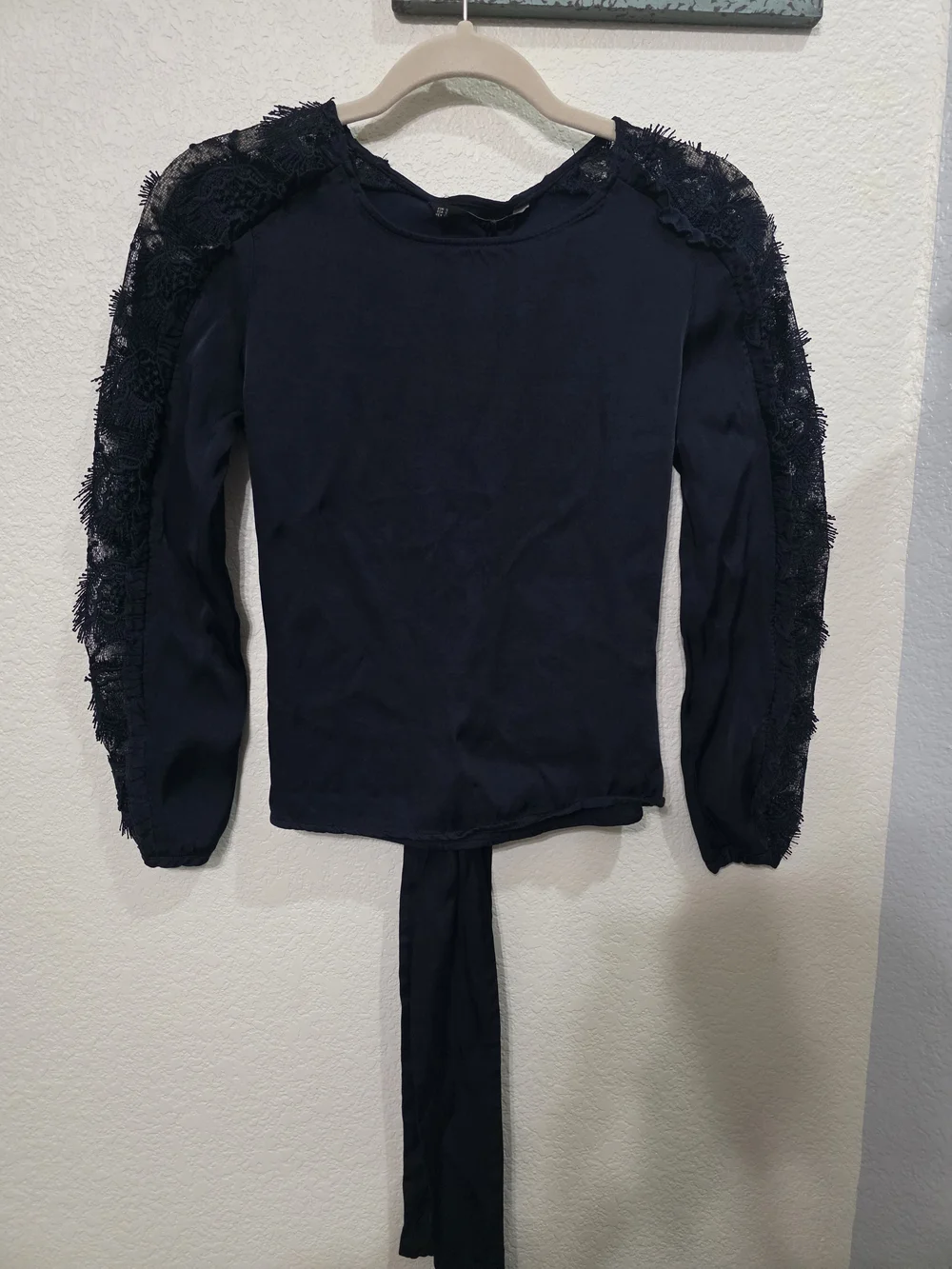 Zara Basic Navy Blue Satin Lace Sleeve Blouse